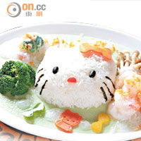 Hello Kitty翡翠蝦球蛋白飯 $128<br>取經於家常蒸水蛋撈飯的習慣，創新地以菠菜汁蒸滑蛋白配上大蝦球，健康之選。