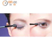 Steps<br>1 在整個眼窩掃上紫色眼影，並於眼尾的雙眼皮處掃上深紫色眼影，使眼妝有深淺漸變的立體效果。