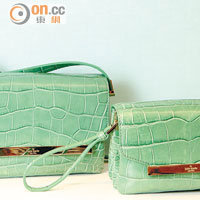 Madison Avenue綠色鱷魚皮紋Shoulder Bag $5,700（左）<br>Clutch Bag $3,900（右）