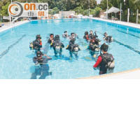 未正式進行戶外潛水活動前，學員需要在泳池進行練習。