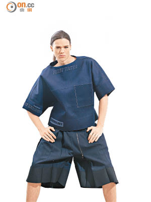 Ximon Lee藍色丹寧上衣 $3,200、<br>藍色闊身短褲 $2,400