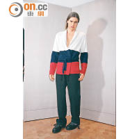 白×藍×紅色束腰針織外套 $8,000、黑色束繩長褲 4,100