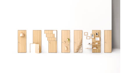 Seven Doors 今屆米蘭國際家具展矚目之作。7扇木門從左至右分別是Lamp 、 Baby 、 Slide 、 Hang 、Kumiko 、 Wall 及Corner，各具不同功能，是實用與美感的結合。
