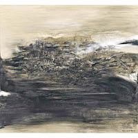趙無極《08.03.66》<br>屬畫家的經典創作，尺幅宏大，墨黑的氣韻攝人，上下疏淡的灰白替作品開拓出放鬆的空間。（估價$2,000萬~$3,000萬）