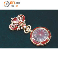 1893年Art Nouveau Brooch 18K玫瑰金鑲鑽襯透明棗紅色珐琅錶蓋腕錶