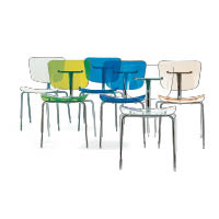 Segis, Slide chair<br>椅子的特點是透明輕巧，用了特別的Polycarbonate（聚碳酸酯）物料來製造，具有較高的阻燃性和抗衝擊性。