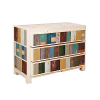 3-drawers cabinet in scrapwood<br>將不同顏色、木紋的廢木切割成木片，與櫃身結合，變成獨特、多彩的儲物櫃和抽屜。