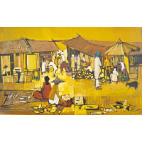 鄧木奎《市場現場》<br>市場中的人以魚獲、果實作交易，泥黃色的調子展現出一份樸實感。（估價：$15萬~$20萬）