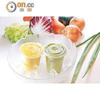 （左）Orange Passionfruit $48、（右）Kale、Avocado & Cashew $48<br>店內的Smoothie均是不加糖款式，只選用當造的水果提供天然甜味，加入腰果打爛而成，濃稠富質感。