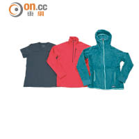 （左至右）Patagonia Capilene底層汗衫（HK$280）、R1抓毛套衫（HK$1,190）、R3雙面抓毛外套（HK$1,790）。