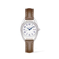 Equestrian拱門形錶殼，配以銀色太陽飾紋錶盤、藍色阿拉伯數字刻度及鑽石錶圈設計。 $25,100