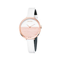 Calvin Klein rise PVD玫瑰金錶殼、白色及杏色木紋錶盤、白色錶帶腕錶 未定價