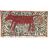 Keith Haring《無題》（1982年作）<br>已故美國優秀壁畫家，以簡單線條勾勒的幽默作品，議題複雜，涉及性別、死亡、愛滋病等，常見於美國地鐵。