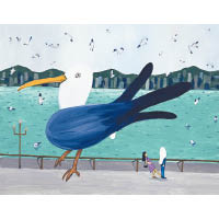 《飽肚鳥》畫中的小鳥和大鳥都吃了維港裏的毒魚，因而拉肚子，岸邊的男士被「雀屎」照頭淋。