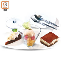 Oatmeal Toffee Tart、Homemade Sorbet、G7 Signature Tiramisu<br>有燕麥片餅底拖肥撻、自家製拔蘭地栗子雪葩配鮮果，以及只加咖啡酒製作的Tiramisu，一般客人3揀1，Eddy就3款都奉「宋」。