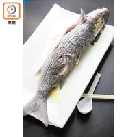 凍烏頭（私房菜菜式之一）<br>烏頭魚是元朗楊氏水產的出品，保證新鮮生猛，只需用鹽稍醃並蒸熟，冷藏後可蘸上普寧豆醬享用。