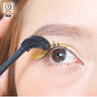 將防水睫毛液的刷頭弧度調至屈曲，利用頂部集中塗抹眼頭及眼尾位置。
