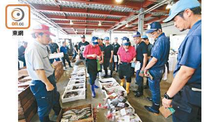 拍賣會是魚市場氣氛最熾熱的戲碼，競投人（藍帽）都會睇準目標以手板出價。