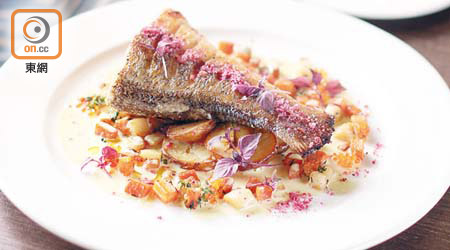 烤海鱸魚 $258<br>為保留深海野生海鱸魚的鮮味，不經調味烤熟後用自家製的紅洋葱海鹽吊味，魚肉滑口幼嫩，鮮味無比。