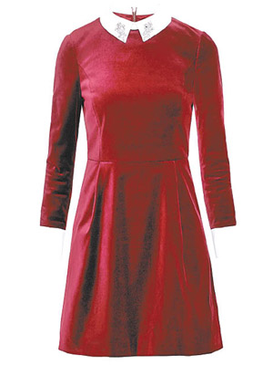 飾有閃石白色領口×棗紅色連身裙 $2,495