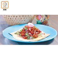 Pork Carnitas $78<br>豬腩肉加蒜、洋葱、香草等醃至入味後以75℃慢煮16小時再切粒，加入蒜頭、綠番茄、醋和胡椒等拌勻，肉嫩而清爽醒胃。