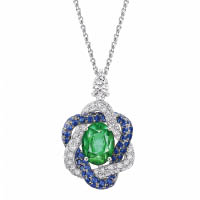 Twisting Glamour橢圓形綠寶石、藍寶石及鑽石吊墜，鑲有1顆1.33卡橢圓形綠寶石及鉑金。 $98,000