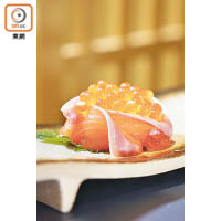 三文魚親子壽司 $50<br>感覺似花之戀，肥美的三文魚配以滿到瀉的三文魚子，分量十足。