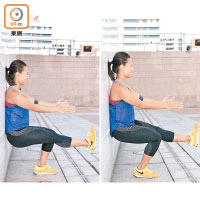Step 2：左腳慢慢向下深蹲，右腳向上提起，完成後站直，左右腳交替，重複動作。