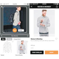 （左）想買G-Dragon呢件圓點恤，只要將相片上載到App上，不同價格、款式類近的服飾均會立即顯示。<br>（右）再直接連接到品牌網頁，就可輕鬆選購。
