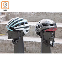 （右）KPLUS SHARK系列×Nabiis特別版頭盔 $1,280、（左）NET頭盔 $1,380（a）<br>前者設計簡約而順風，有效減低風阻，而特別版推出罕有顏色；後者有多層次弧形線條，透氣度高。