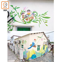 米白色小屋的外牆遍布壁畫，呈現村民的日常生活。