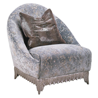 Salvador<br>這張扶手椅以神秘的灰色為主調，奢華的天鵝絨覆蓋金屬薄片結構，襯托上椅腳的羽毛圖案，滿有氣派。