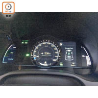 7吋LCD彩色儀錶板，中間圓形速度錶旁是可切換顯示行車資訊的小屏幕，包括油電混合系統的即時流向圖。