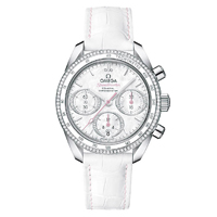 Speedmaster 38mm 不銹鋼錶殼配白色珍珠貝母錶盤及白色皮革錶帶款式。未定價（A）