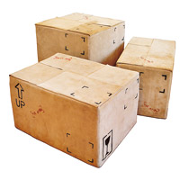 Box Stool<br>標示易碎物品、存放方向紙皮箱，原來是皮製座椅，在家中放置幾個，玩味十足。