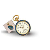 Lépine Art Nouveau吊墜錶的錶背飾以晶瑩剔透的藍色搪瓷及鑲有16顆鑽石的白金網面。