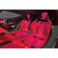 火紅色的碳纖維賽車桶椅配上六點式安全帶，一派落場氣派。