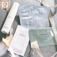 （上）MTM Custom-Blended Eye Mask配制版 $1,680/30ml及12對眼膜 （J）<br>度身訂造所需的配方，調配出專屬的精華液，再倒入眼膜之中敷20~30分鐘，能改善眼部皺紋及黑眼圈問題，同時有助促進膠原再生和修復。<br>（下左）BORGHESE滋潤修護眼膜 $250/6片（K）<br>含巴西莓萃取物及牛油果萃取物，有助緊緻眼紋並紓緩肌膚，為脆弱的眼底肌膚提供美白水潤護理，注入活力。<br>（下右）SHISEIDO深層抗皺眼膜 $570/12對（L）<br>配合RetinoVP8 技術，將容易被分解的純維他命A及Shiseido VP8注入表皮層，實現顯著抗皺修護效果。