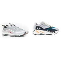 （左）Nike Air Max 97銀子彈「Silver Bullet」、（右）adidas YEEZY 700 Wave Runner