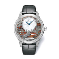 Jaquet Droz Petite Heure Minute Relief Dog腕錶，18K白金錶殼搭配赤銅礦，並配以白色珍珠貝母中央錶盤，18K白金浮雕鑲飾，限量28枚。 $63萬（D）