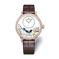 Jaquet Droz Petite Heure Minute Dog 18K紅金鑽石錶殼腕錶，配以象牙色大明火珐琅錶盤及微繪裝飾，限量28枚。 $30萬（D）