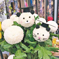 簡潔清雅的白色乒乓菊稍加點綴，即變成得意的熊貓、小貓等造型。