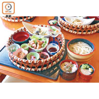 懷風亭的華籠膳套餐除有刺身、壽司、天婦羅及米飯外，還可吃到讚岐烏冬，售￥2,000（約HK$144）。