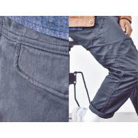 褲袋後方及褲管側分別有L型縫線補強細節及品牌字樣刺繡。