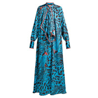 MSGM孔雀藍色豹紋絲質連身裙 $7,305（C）
