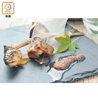 M 美の魚味<br>香魚魚肉燒香、魚骨脆炸，配以用魚肝加其他食材煮成的醬汁，是來港作四手宴的菜式之一。