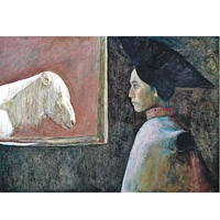 《紅色天氣的馬》（1991）<br>畫風深受美國現實主義畫家安德魯．懷斯影響，畫中的女人與白馬各自處於獨立空間，內景與外景共存的平面化構圖，使作品具有超現實主義的氣氛。