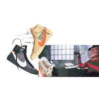 近日推出的OFF WHITE× Nike Blazer Mid Spooky Pack以「應節」的橙色設計，更找來Freddy Krueger着上腳拍廣告短片。