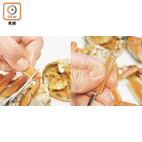 5.用鉸剪剪走蟹腳頭尾兩端，用工具推出蟹腳肉。