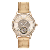 Bohème外置陀飛輪超薄玫瑰金腕錶，米色珍珠貝母錶盤上鑲嵌146顆美鑽，錶圈鑲嵌58顆頂級Wesselton鑽石，限量28枚。$36萬（A）